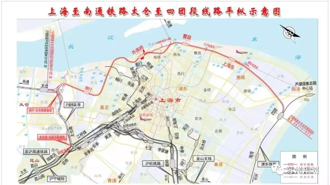 沪通铁路太仓至四团段全线设太仓站,徐行站,外高桥站,曹路站,上海东站