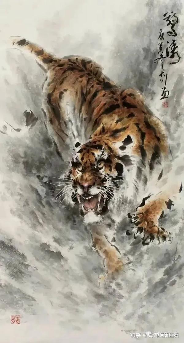 中国美術 林春山 威震山河 虎 虎書画 肉筆 牌 掛け物 絹画 絵