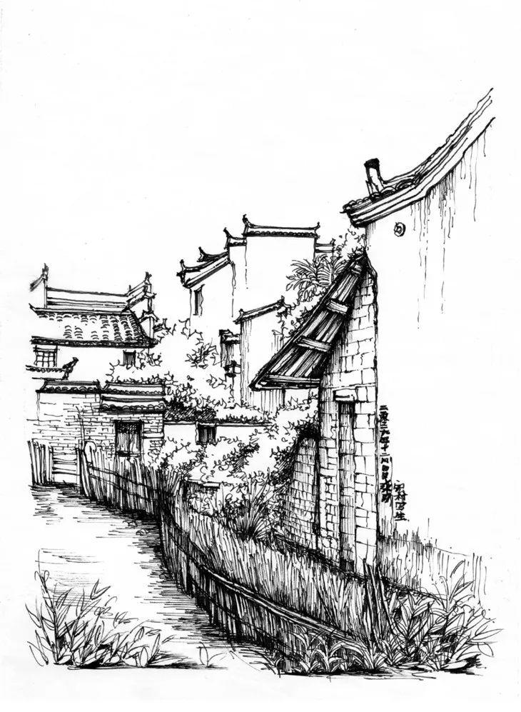 小学生古建筑画素描图片