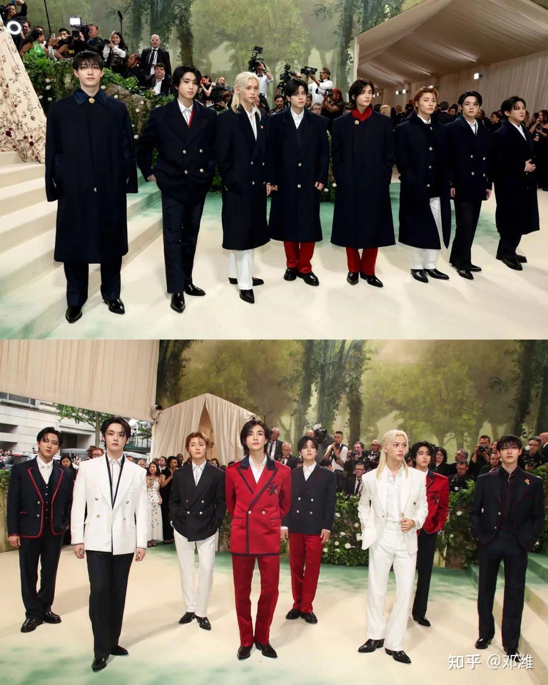 韩国男团stray kids也集体亮相,统一身着tommy hilfiger大衣,内搭西服