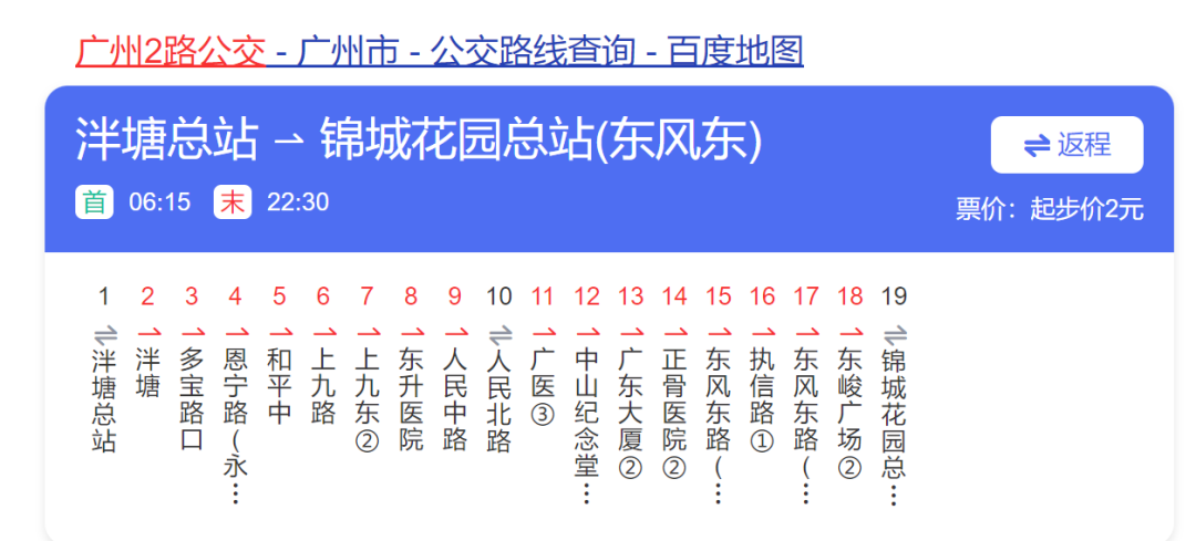 广州2路公交车的上行车和下行车都是19个站点