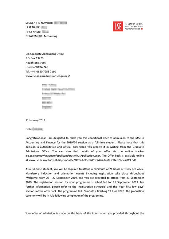 2019offer恭喜朱同学获得伦敦政治经济学院世界排名38会计与金融专业