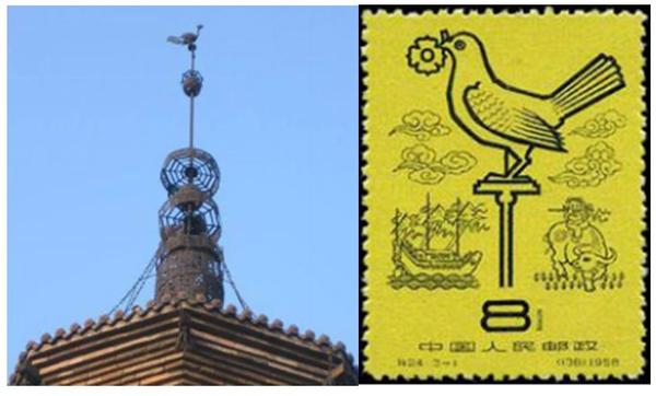 左:山西省浑源县圆觉寺塔顶的鸾凤形相风鸟 右:1958年发行的《气象》