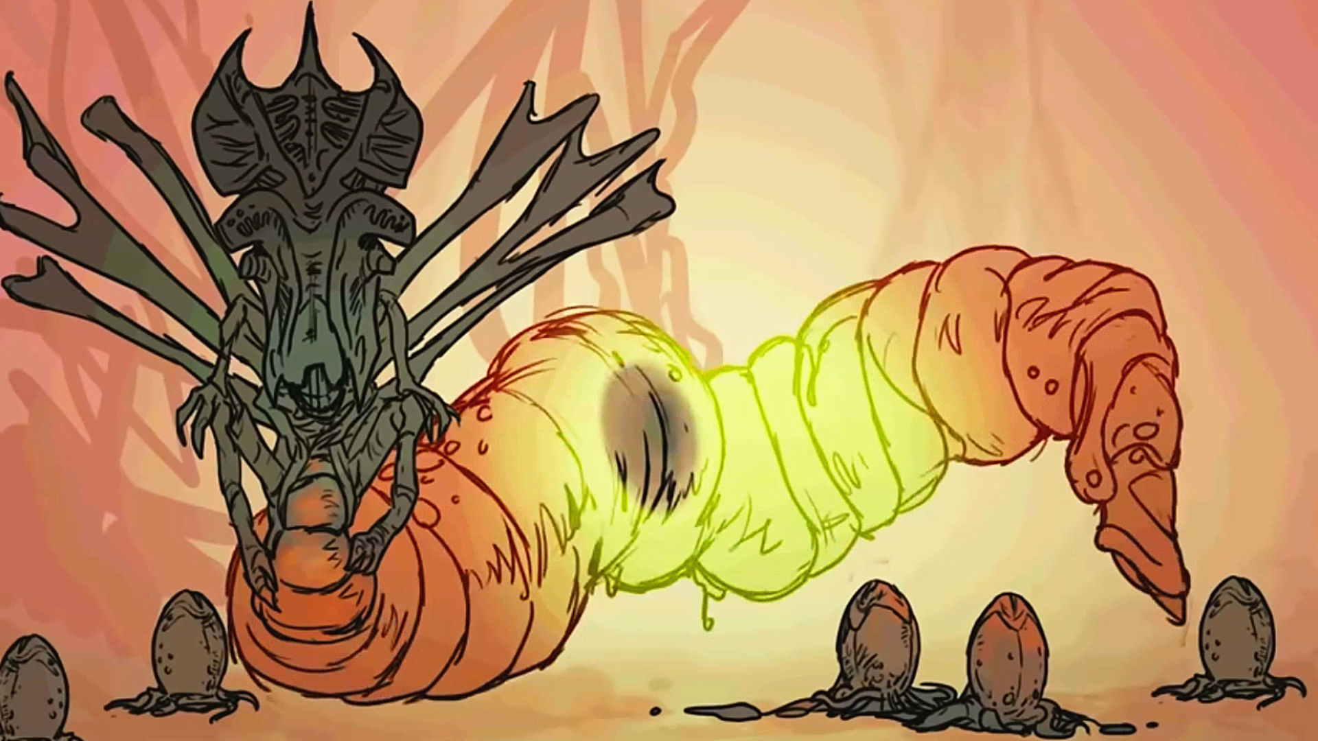 异形科幻动画短片《异形出生》:从皇后产下虫卵-孵化抱脸虫-寄生-异形