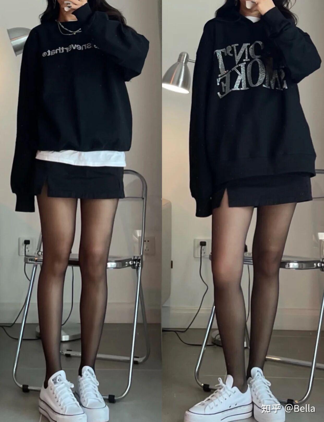 黑丝配aj里面搭配白色衬衣或是白色内搭,灰色百褶裙加无花纹的黑丝袜