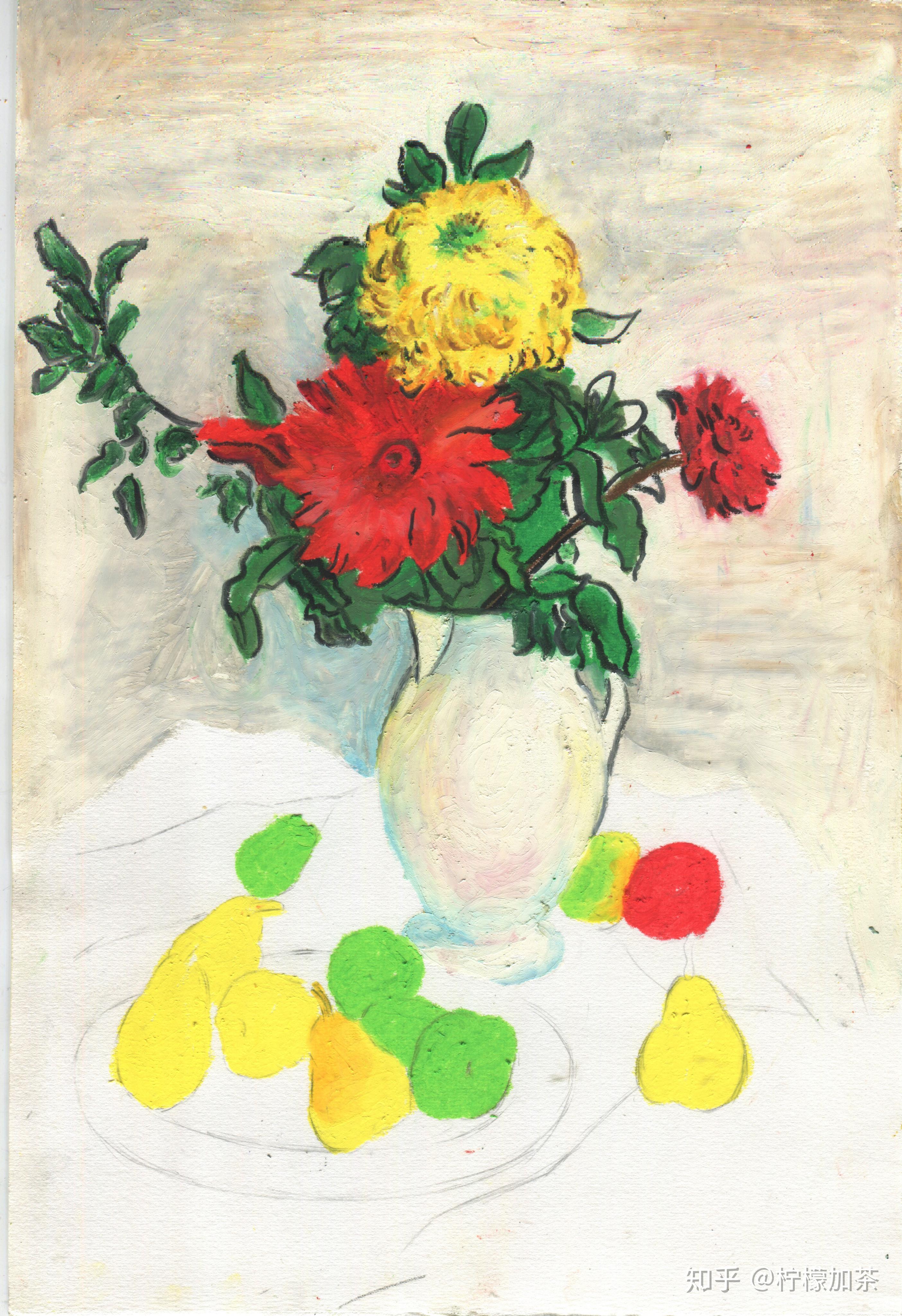 油画棒画名画潘玉良双色菊花和水果