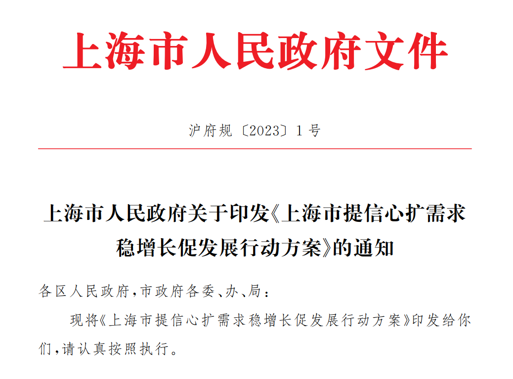 2023年1月28日,上海市人民政府关于印发《上海市提信心扩需求稳增长促