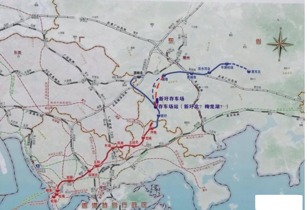 3,新圩存车场大约在新圩梅龙湖片区,也就是深惠城际惠州段自龙岗方向