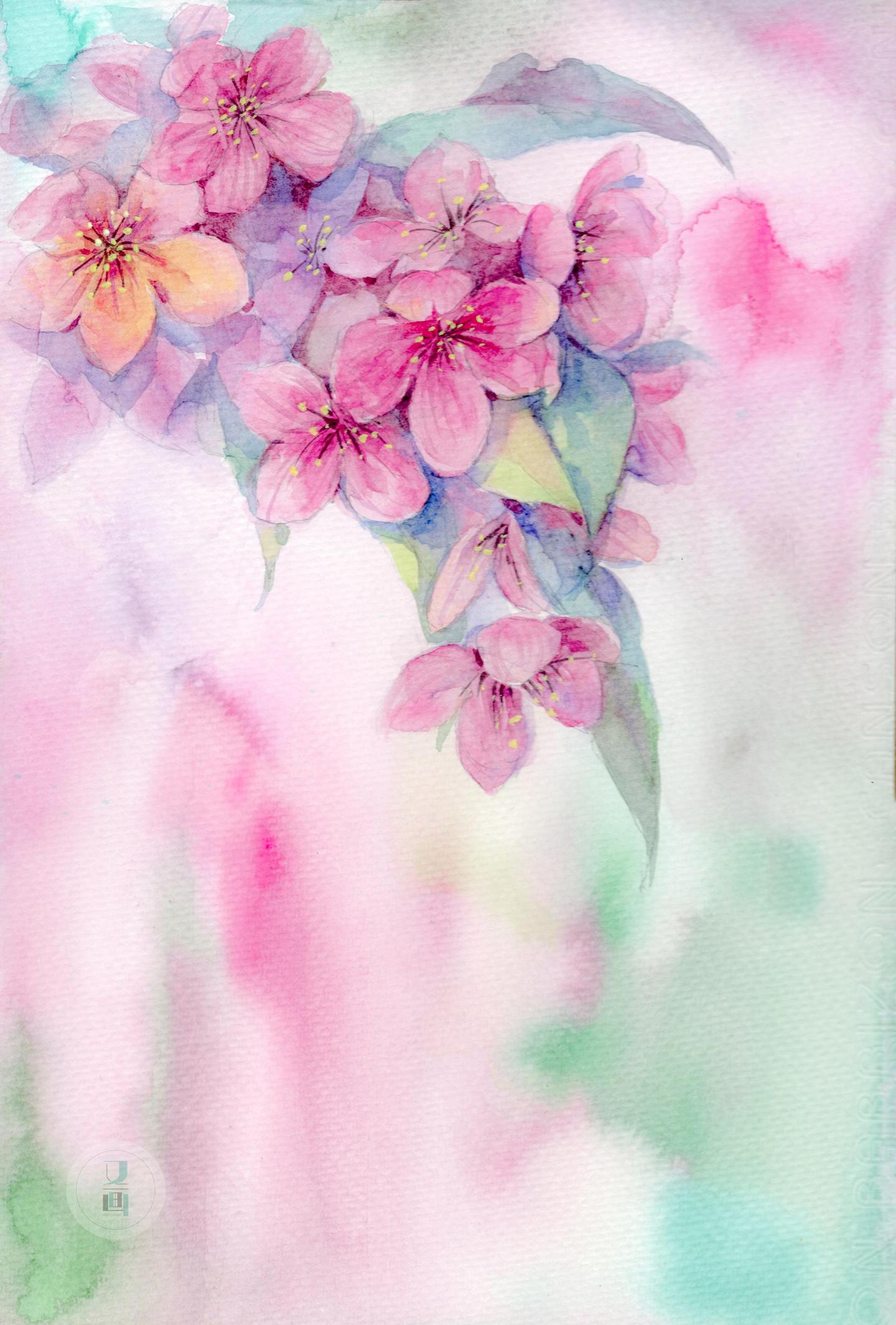 水彩画一枝桃花送给你祝你不再是单身