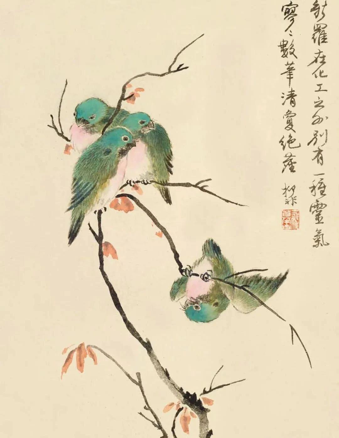 津门网陆抑非的花鸟画如随手拈来用色较为鲜艳画面干净利索