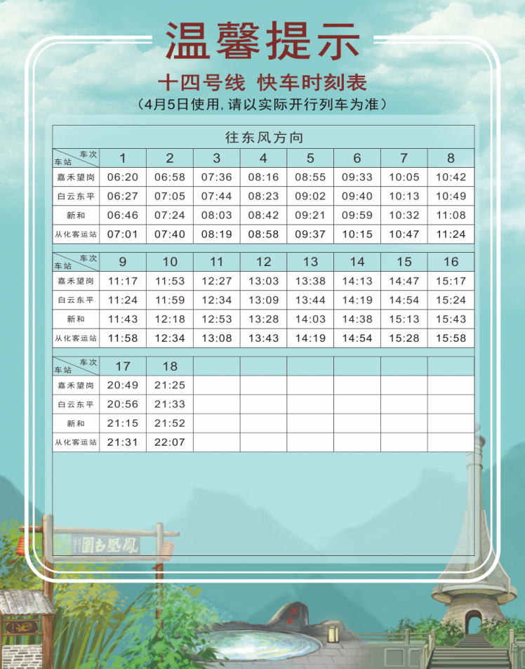 快車的實際到站時間會根據線路運營組織情況有所調整,此時刻表僅做