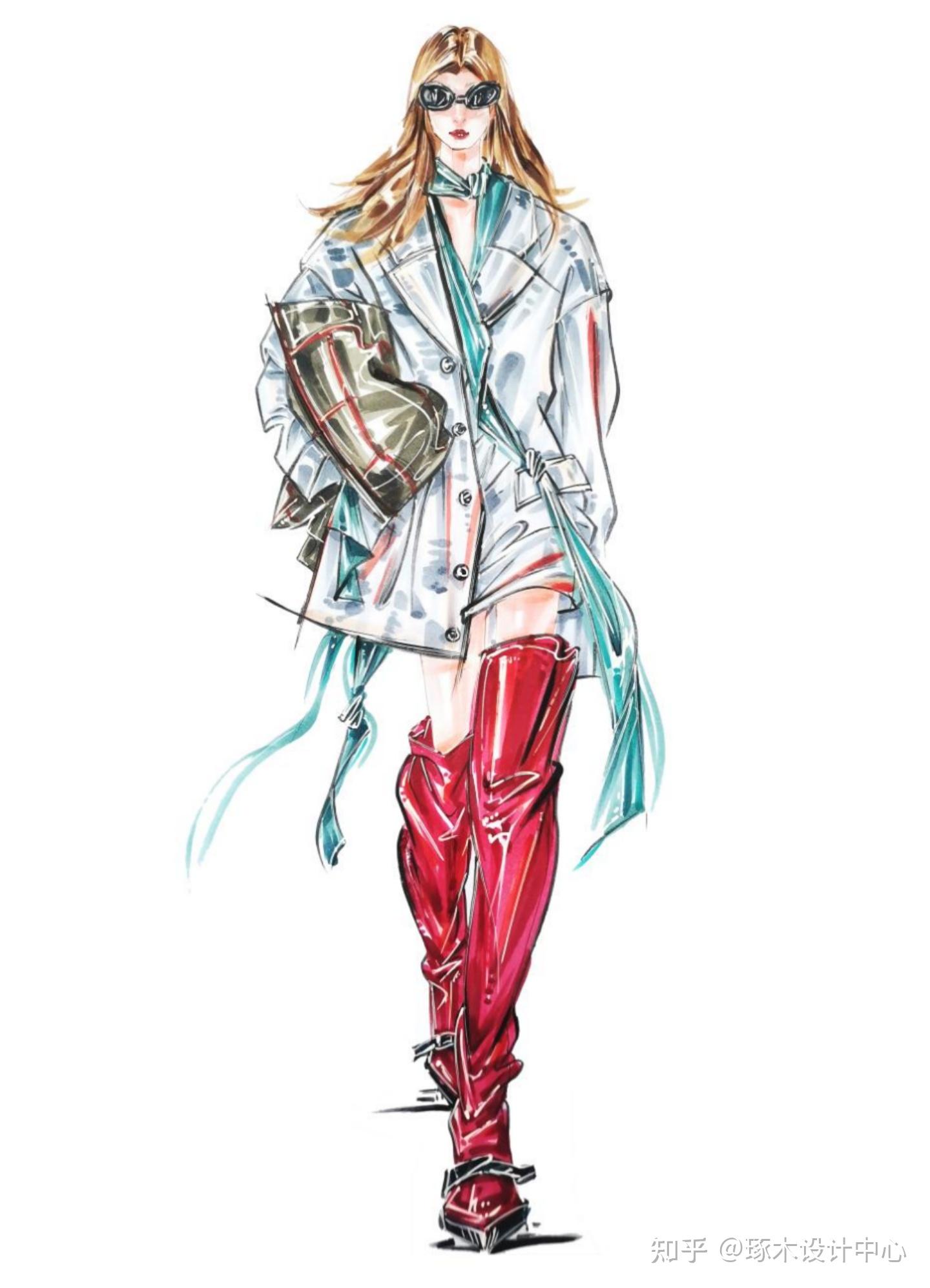 服装设计考研手绘临摹练习|皮革面料手绘效果图展示·马克笔上色