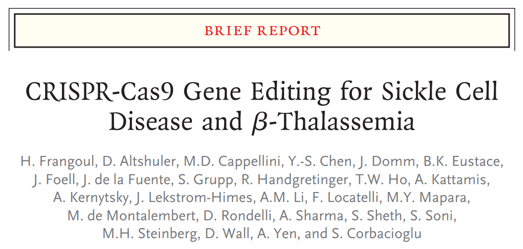 Nejm：锋芒尽显，crispr基因编辑人类临床试验，治愈两种遗传性贫血症 知乎 