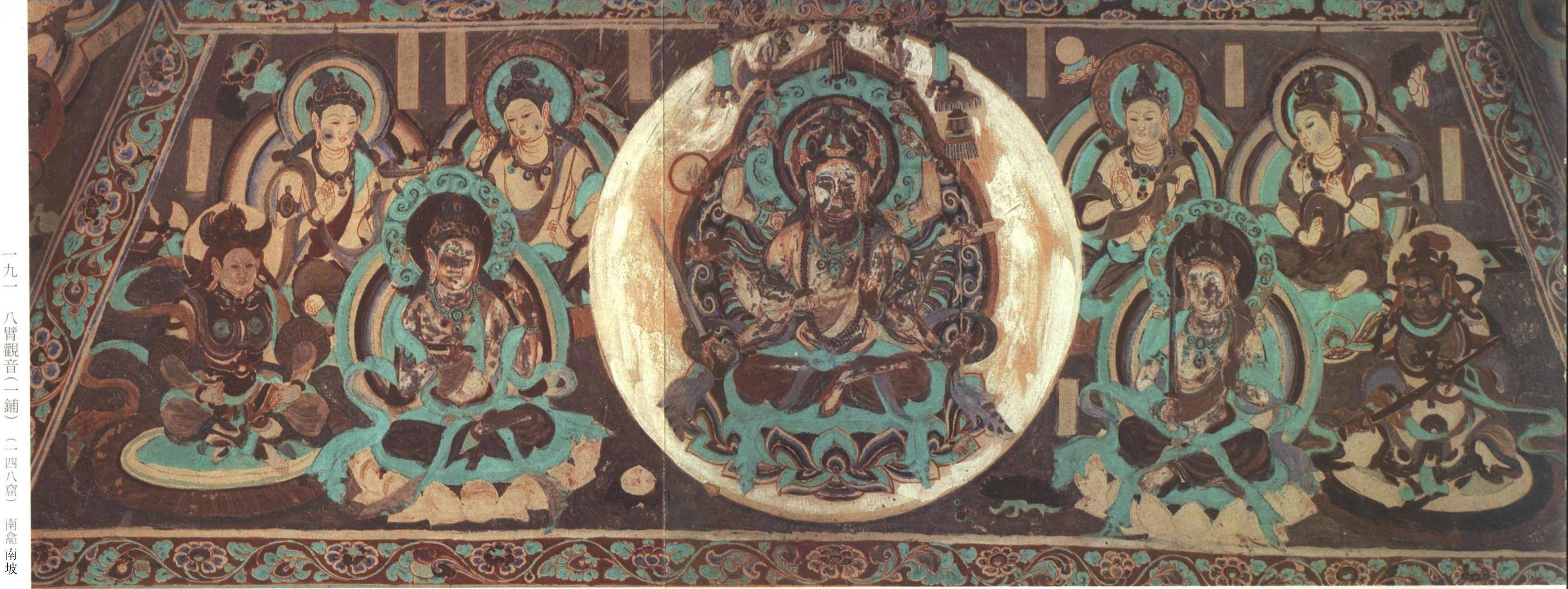 盛唐-敦煌148窟:佛坛-涅槃卧佛,西壁-涅槃经变(左),北壁龛(图中尽头)