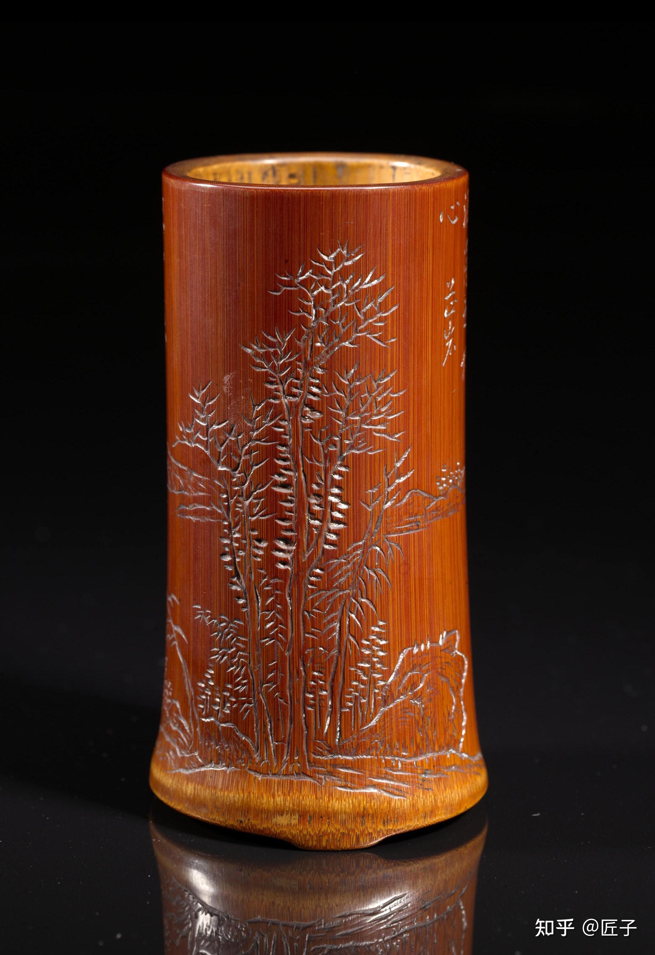 清周颢竹雕云林小景图笔筒