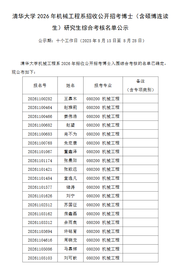 清华大学2026年机械工程系招收公开招考博士(含硕博连读生)研究生综合考核名单公示 - 知乎