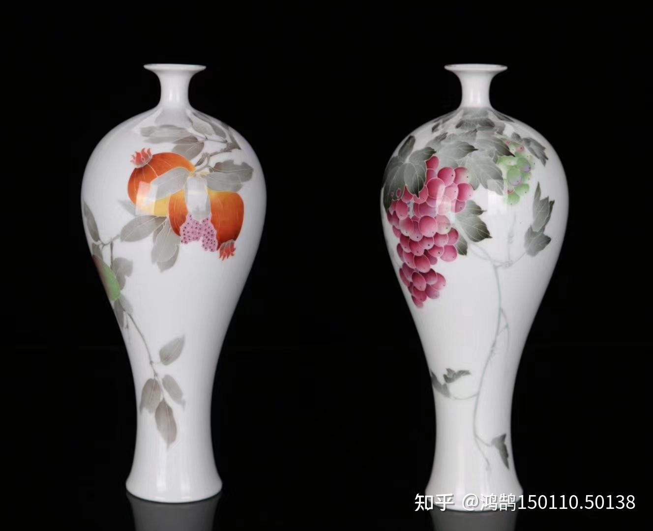 醴陵大师陈文春华秋实多子多福对瓶釉下彩工笔汾水技术绘制