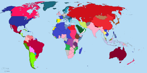 世界殖民地图：同一个颜色为宗主国和殖民地，淡粉色为英国，淡蓝色为法国