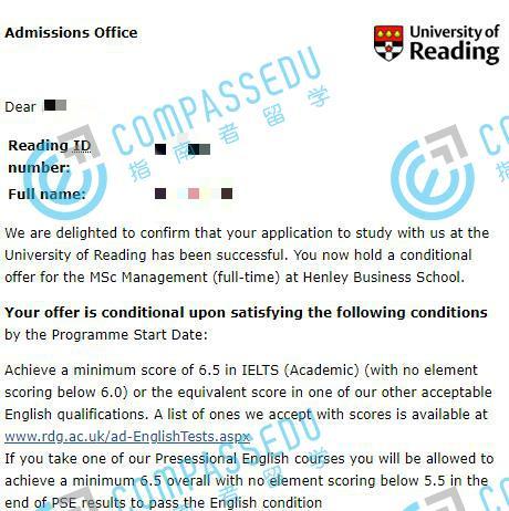 录取offer展示雷丁大学 管理理学硕士录取学校专业中国人口老龄化的