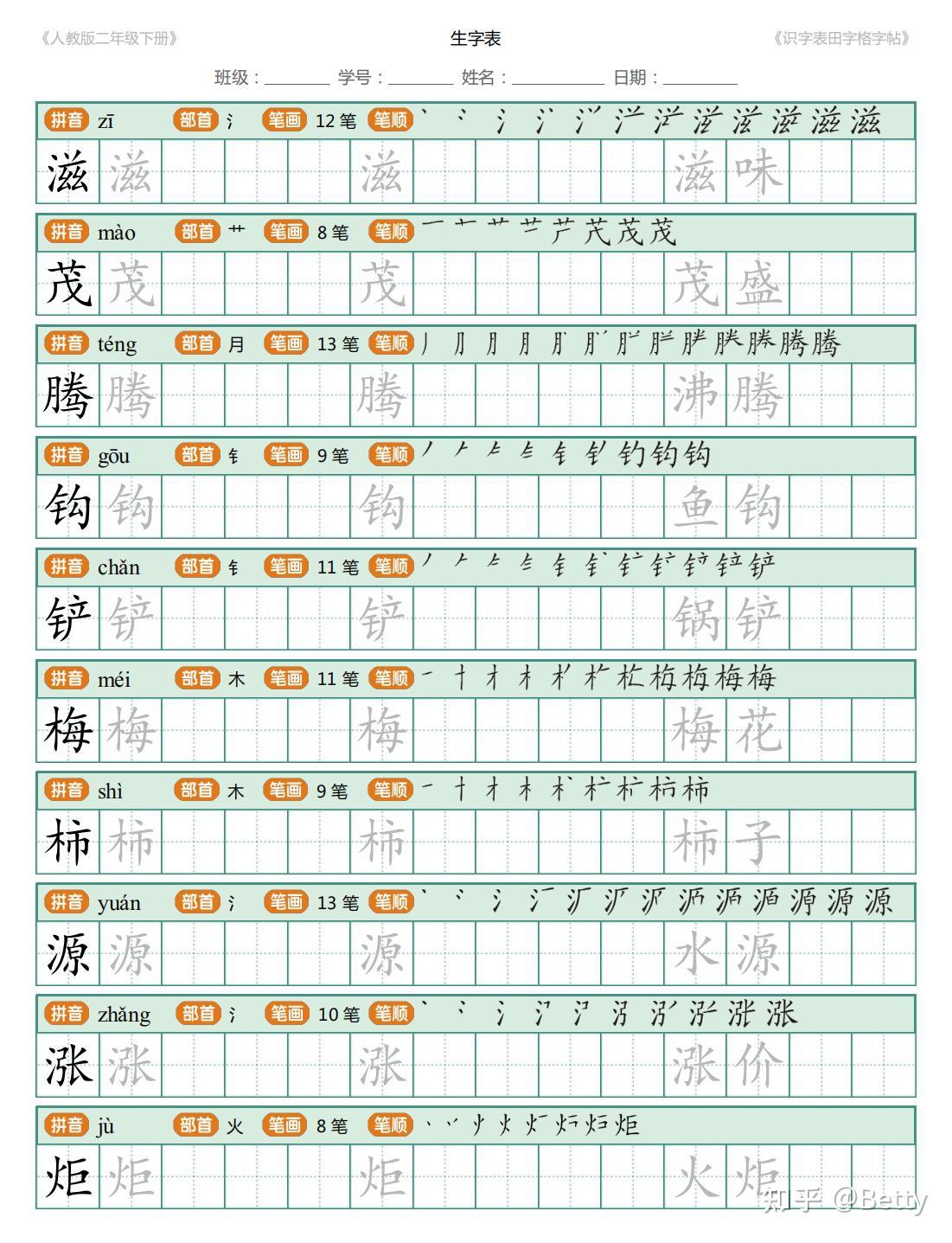 部编人教版二年级下册语文识字表田字格字帖笔顺 - 知乎