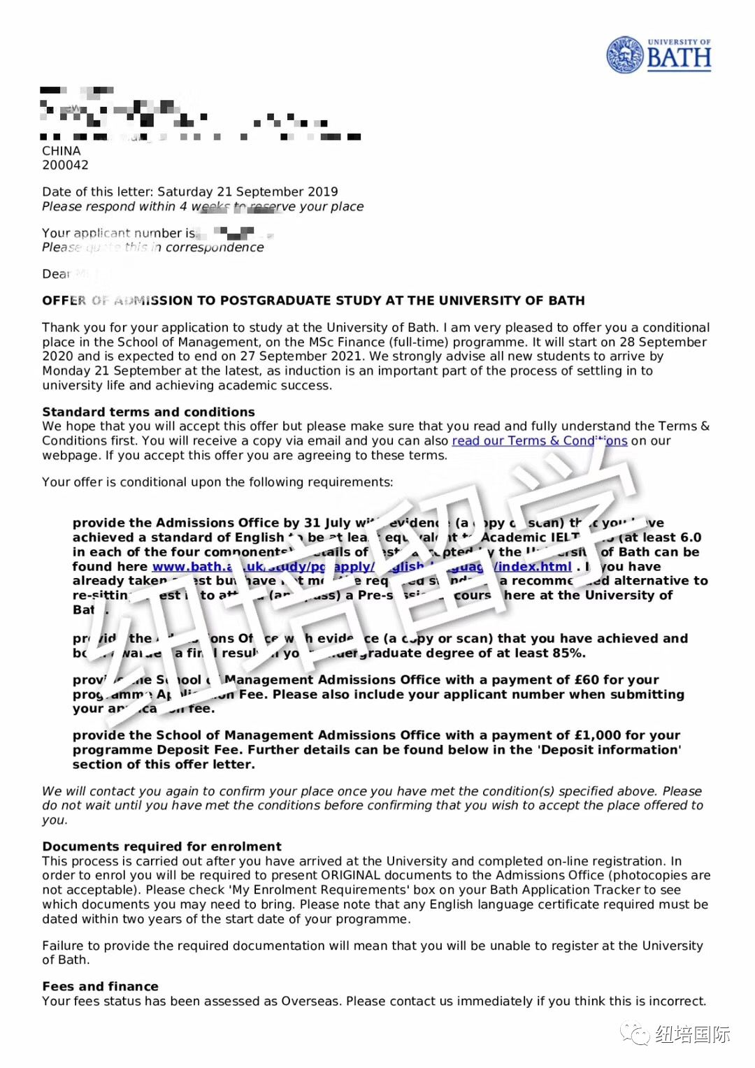 巴斯大学mscfinance硕士研究生offer一枚
