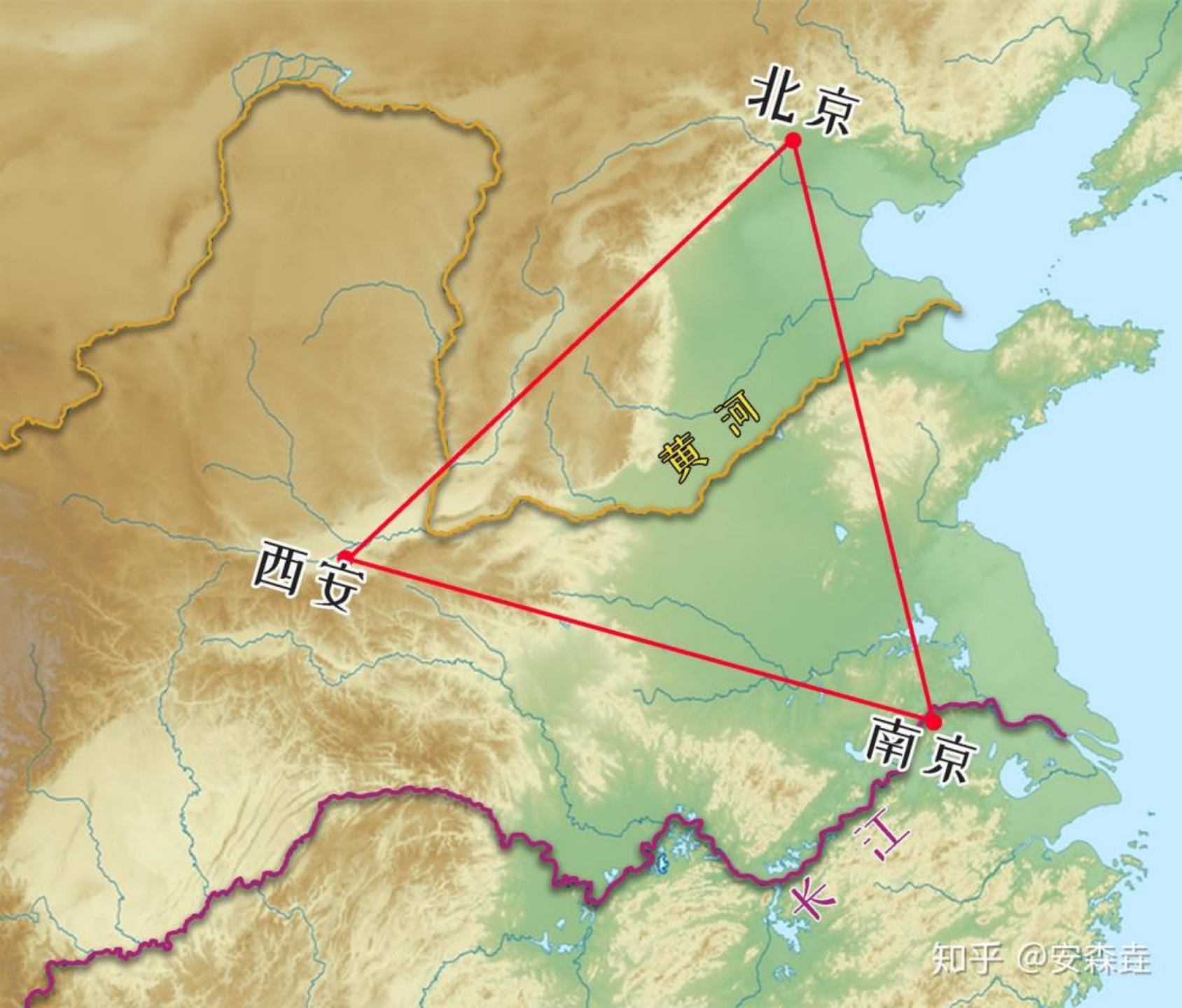 图 1:三个古都围成的三角示意图 图 1:三个古都围成的三角示意图