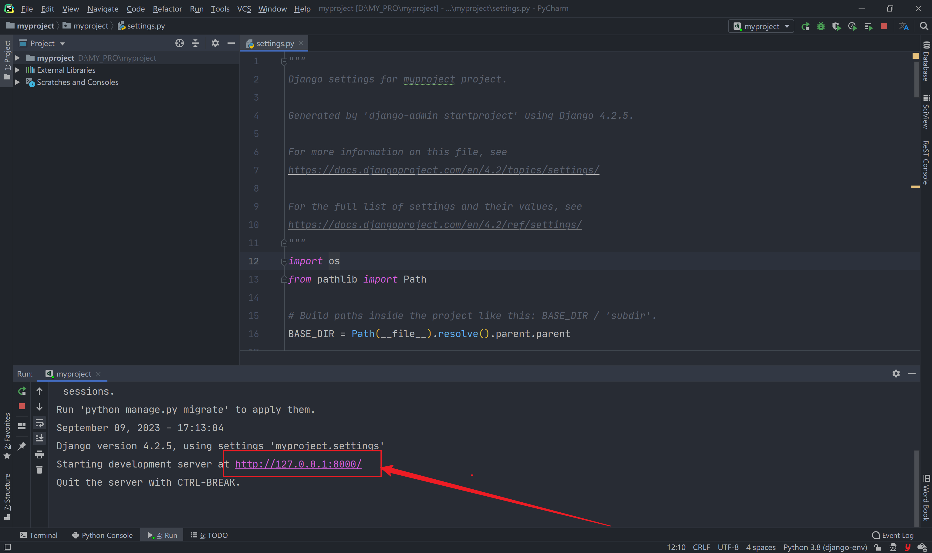 1:8000,会自动打开默认浏览器,这是一个初始的django界面运行成功啦.