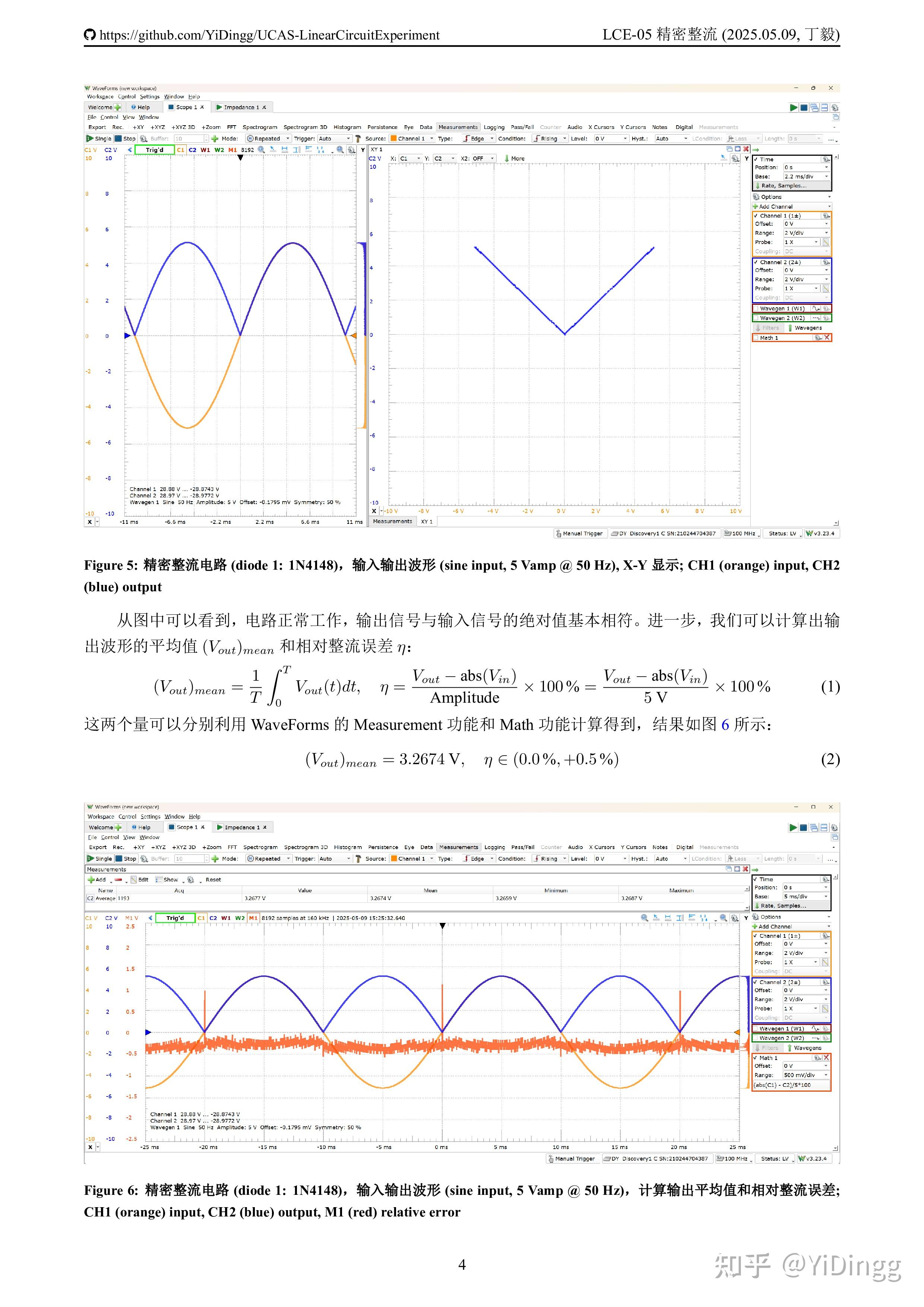 模电实验报告 (五)：精密整流电路与绝对值电路 (LCE-05 Precise Rectifier Circuit, Absolute ...