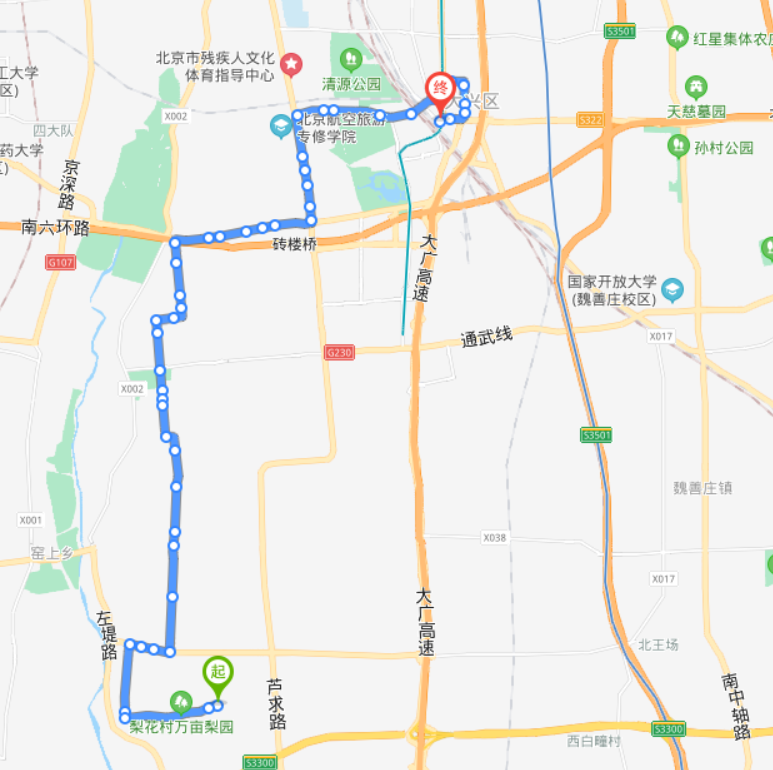 北京黃村火車站興22路公交車路線:05:30-17:40:前曹各莊→前曹各莊