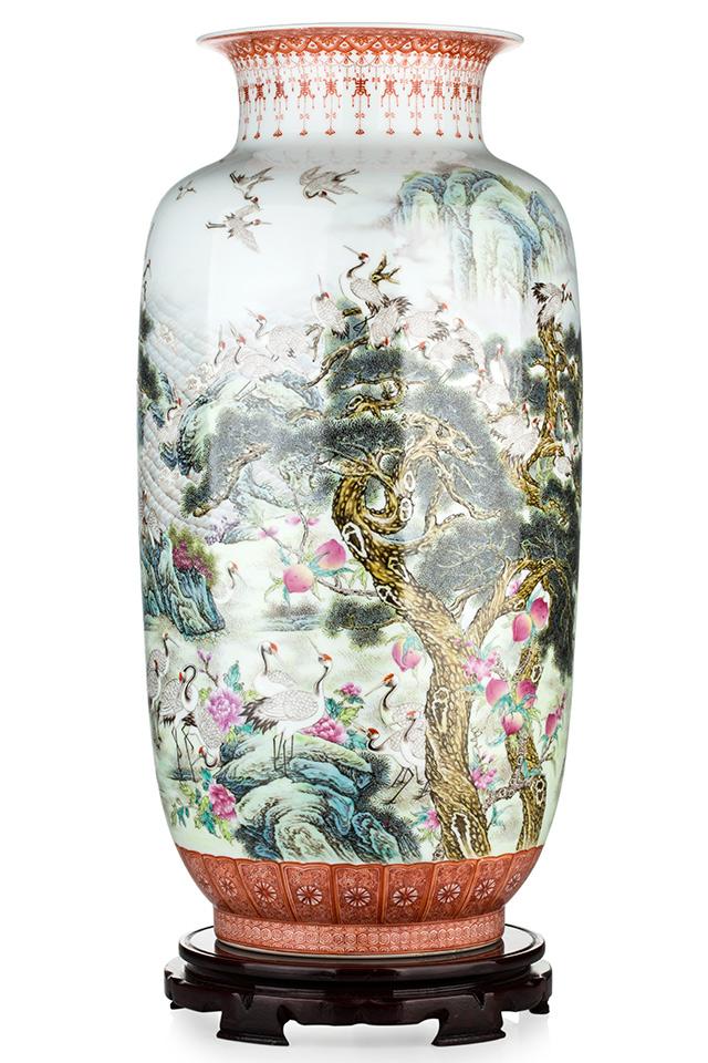 蓝国华百鹤图粉彩手绘瓶大器型