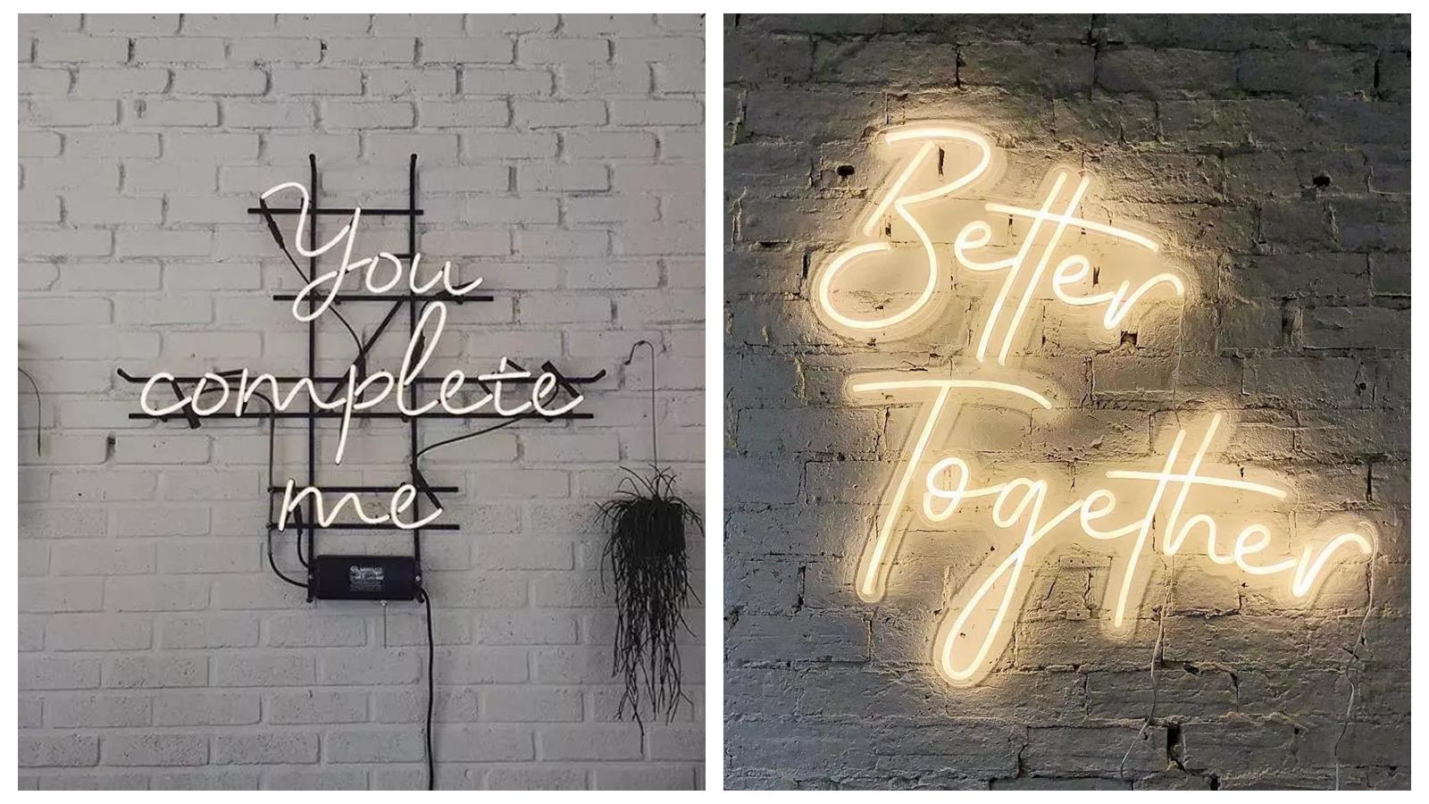 如果背景墙是纯白色或者是浅色系,那么选择白色或者暖黄色的霓虹灯会 