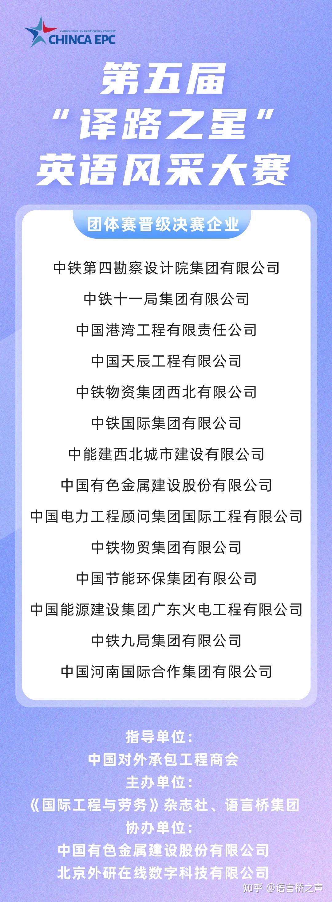CHINCA EPC | 第五届“译路之星”英语风采大赛团体赛晋级决赛最新名单公布！ - 知乎
