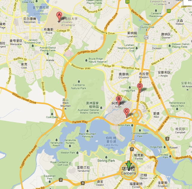 堪培拉市地图及堪培拉大学城市很小,很宁静,但是郊外地方很大.