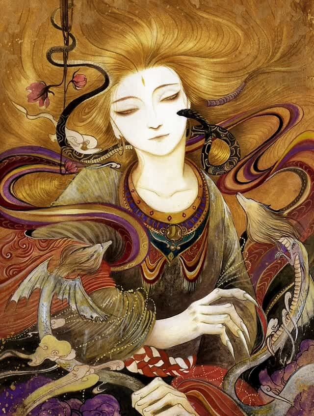 《海外西经》曰:"西方蓐收,左耳有蛇,乘两龙.