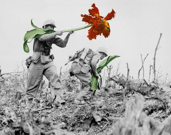 拼贴艺术中的反战题材也很出色,把战争照片拼贴进花朵,糖果等等活波的