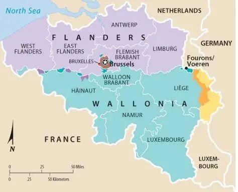 法国与德国相邻,比利时也因而按照语言分为弗拉芒语(荷兰语)区,法语区