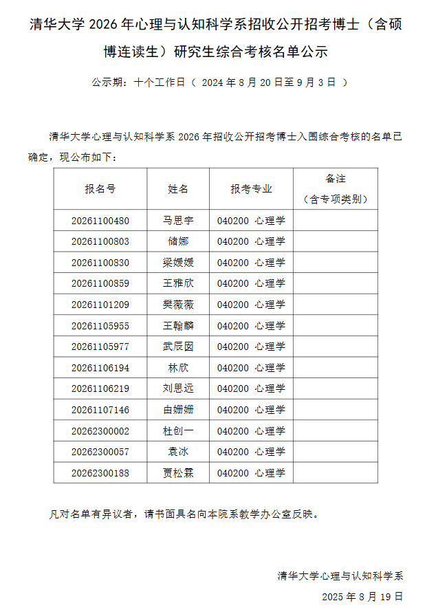 清华大学2026年心理与认知科学系招收公开招考博士（含硕博连读生）研究生综合考核名单公示 - 知乎