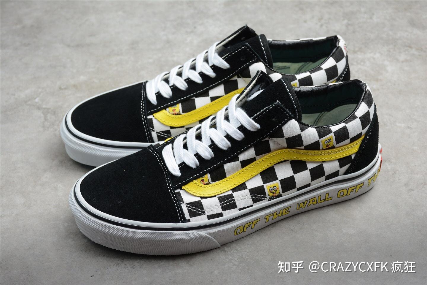 万斯海绵宝宝xvansoldskool黑白格子黄联名滑板帆布鞋