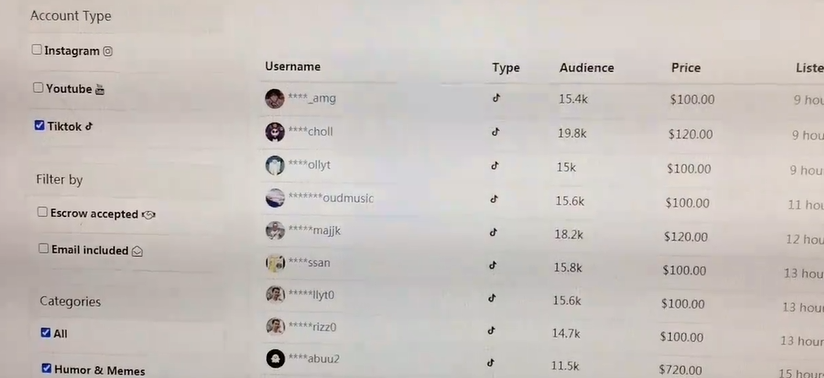 tiktok账号交易价格
