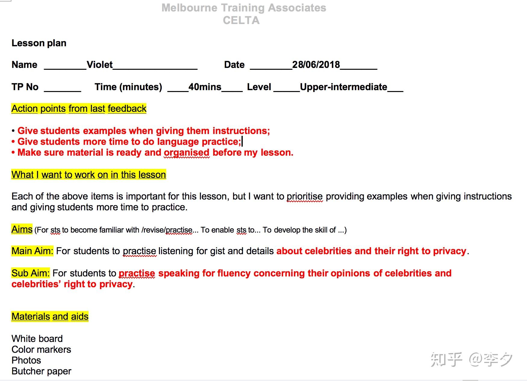 Part 4. CELTA课程之Lesson Plan(准备教案） - 知乎