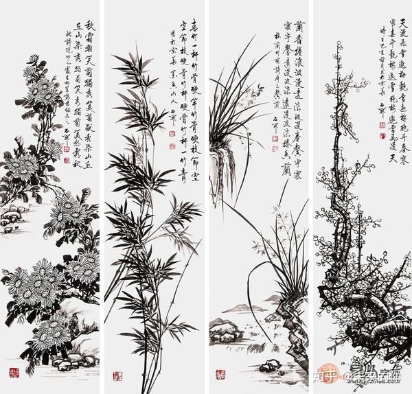 国画梅兰竹菊四条屏挂画这位名家作品喜欢不- 知乎