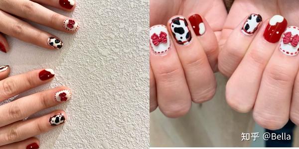 不会过时的九款的奶牛纹美甲氧气滴感好可爱甜酷撞色趣味多