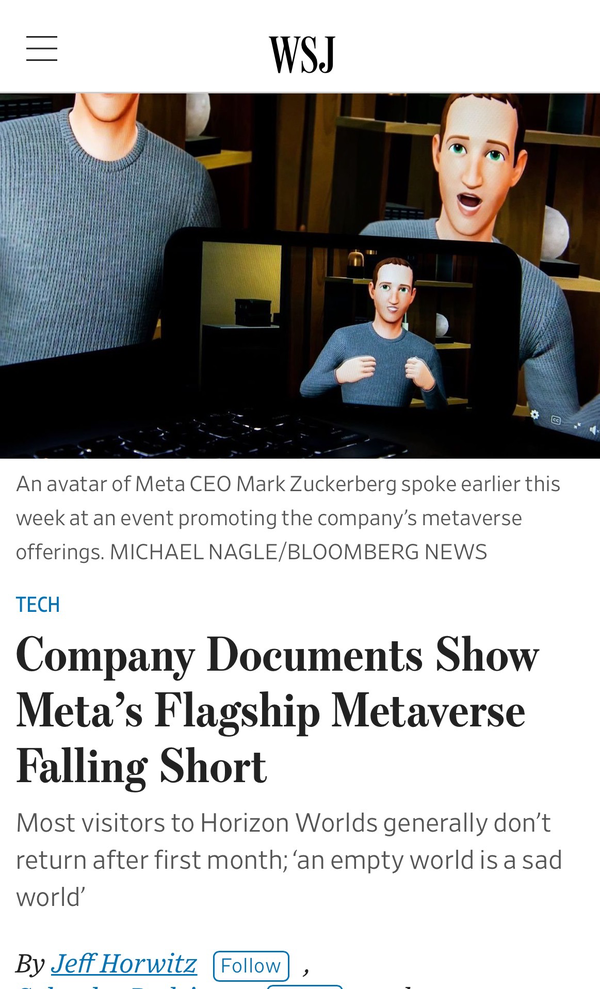 Company Documents Show Meta's Flagship Metaverse Falling Short - WSJ