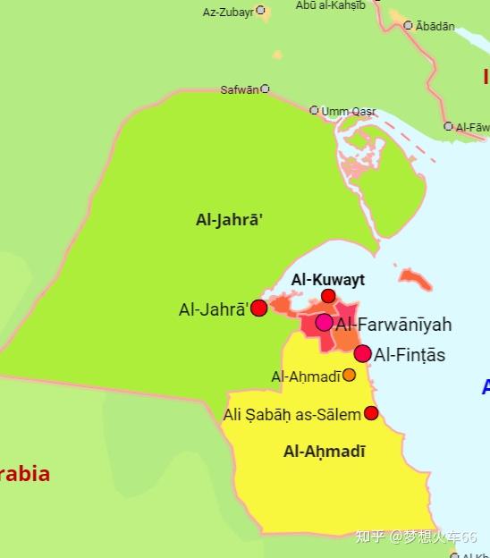 科威特行政区域:每个行政区域的人口分布:人口密度:(颜色越红,密度越