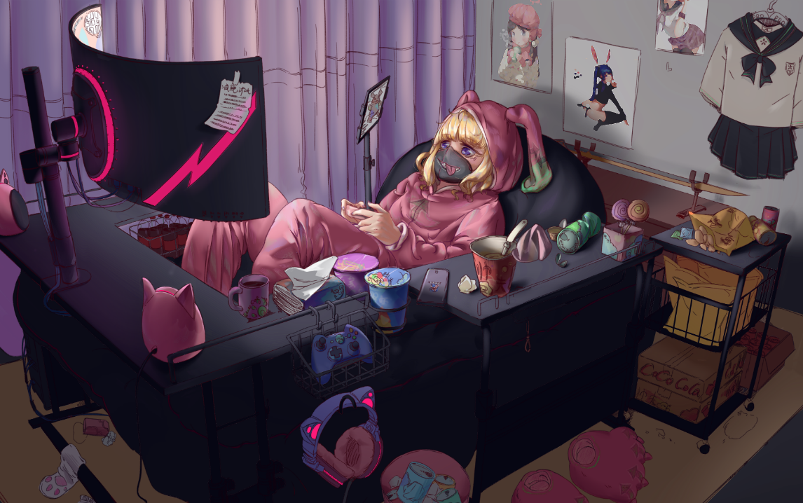 sai绘画废宅少女的日常玩游戏