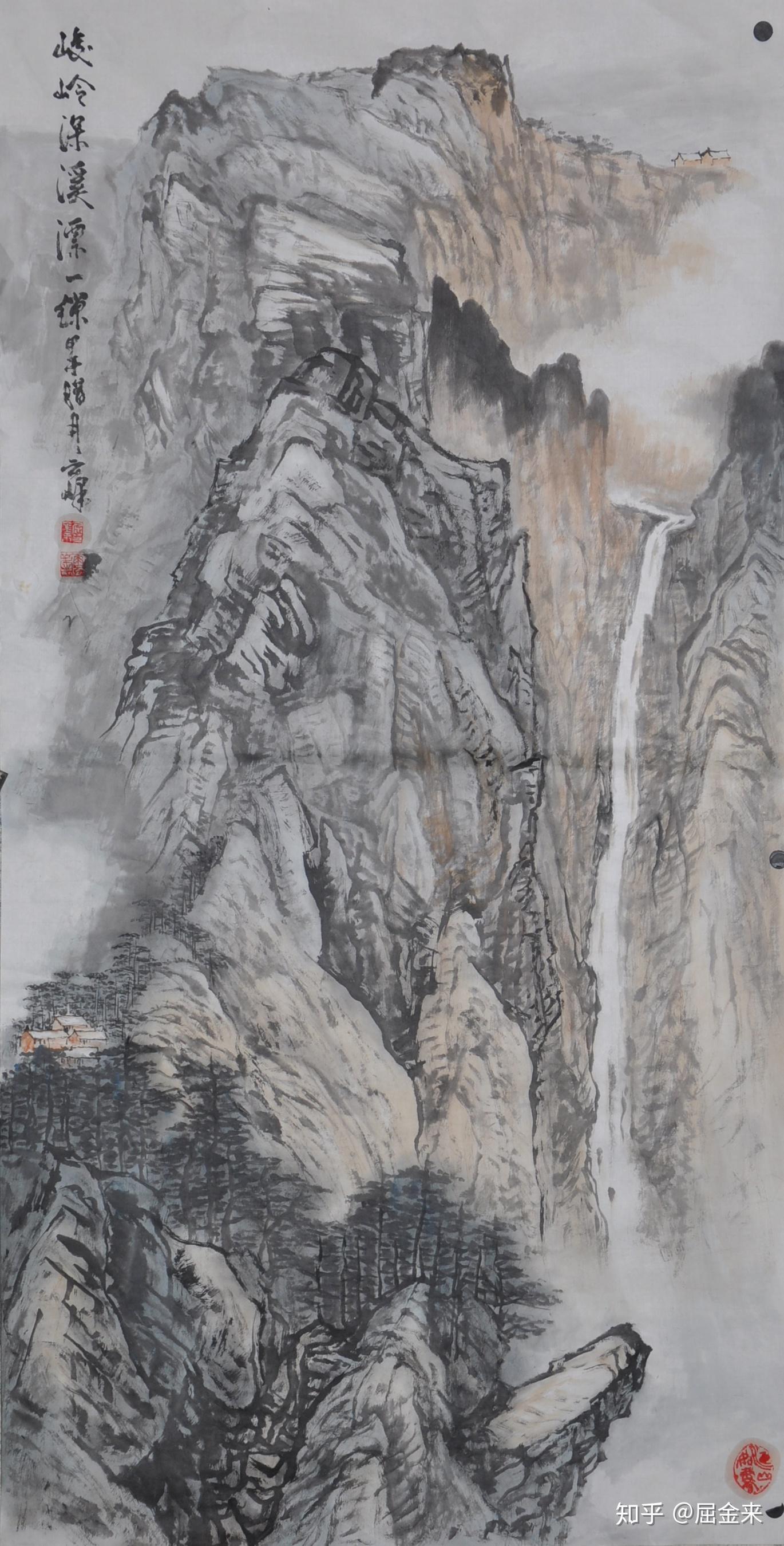 中国山水画名家作品峻岭深溪漂一线欣赏