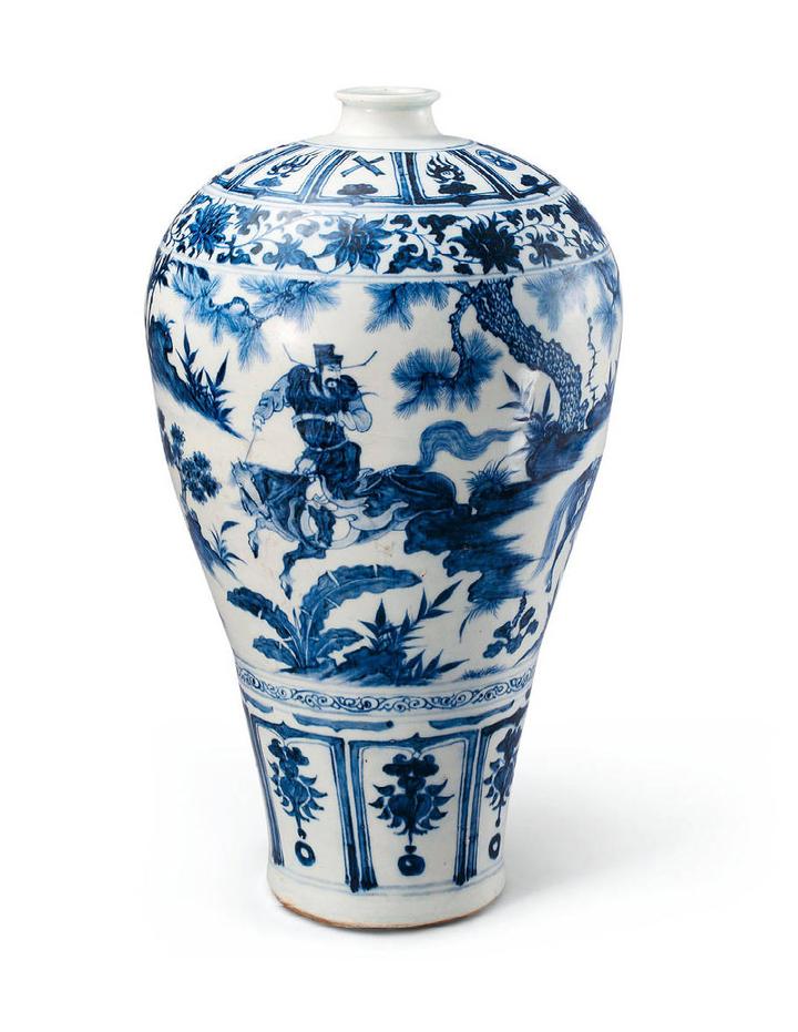 中国古美術✦青花釉裏紅捏花蕭何月下で韓信を追う梅瓶✦文房具・純