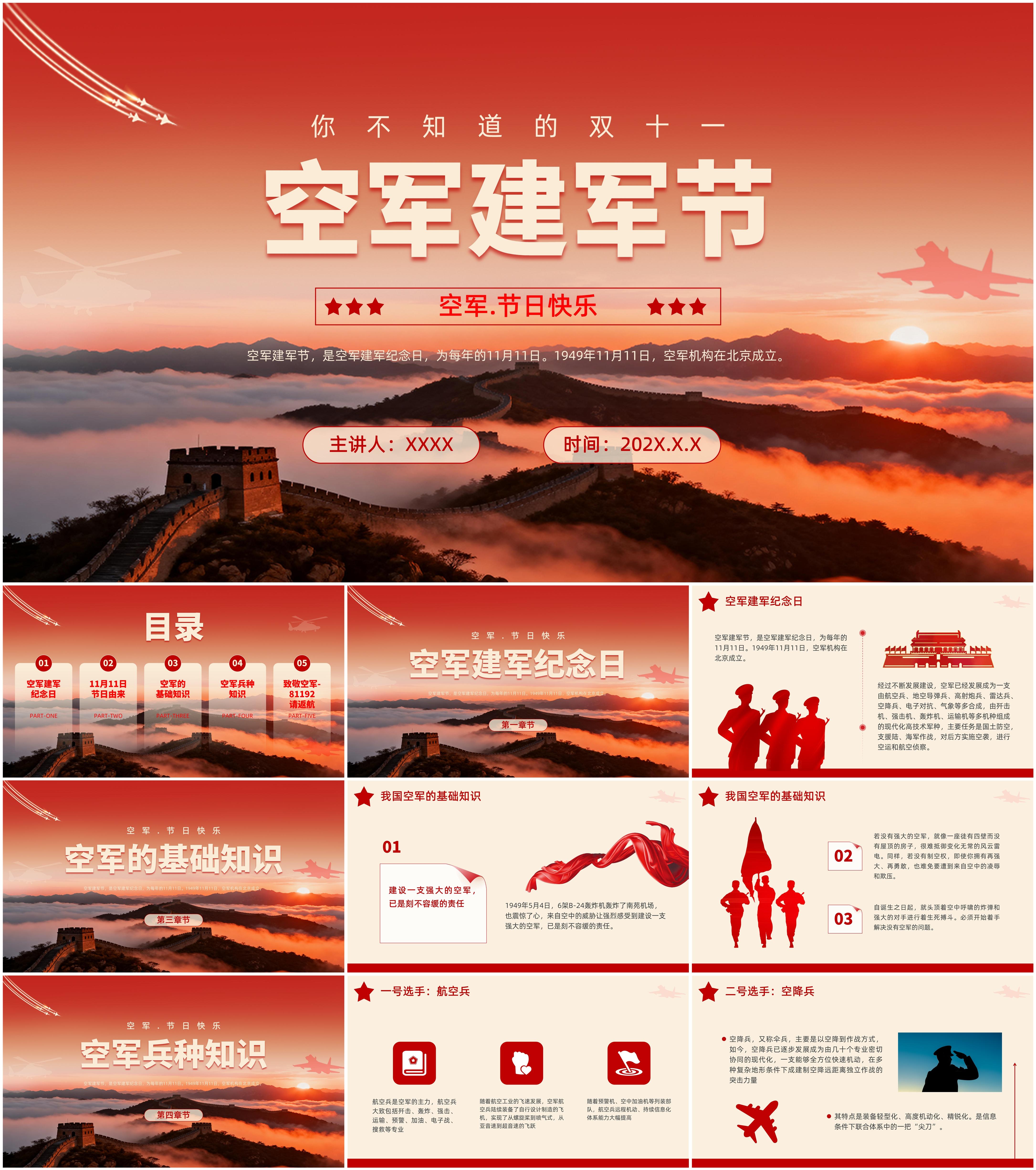 最新12套高质量空军建军节专题ppt课件!