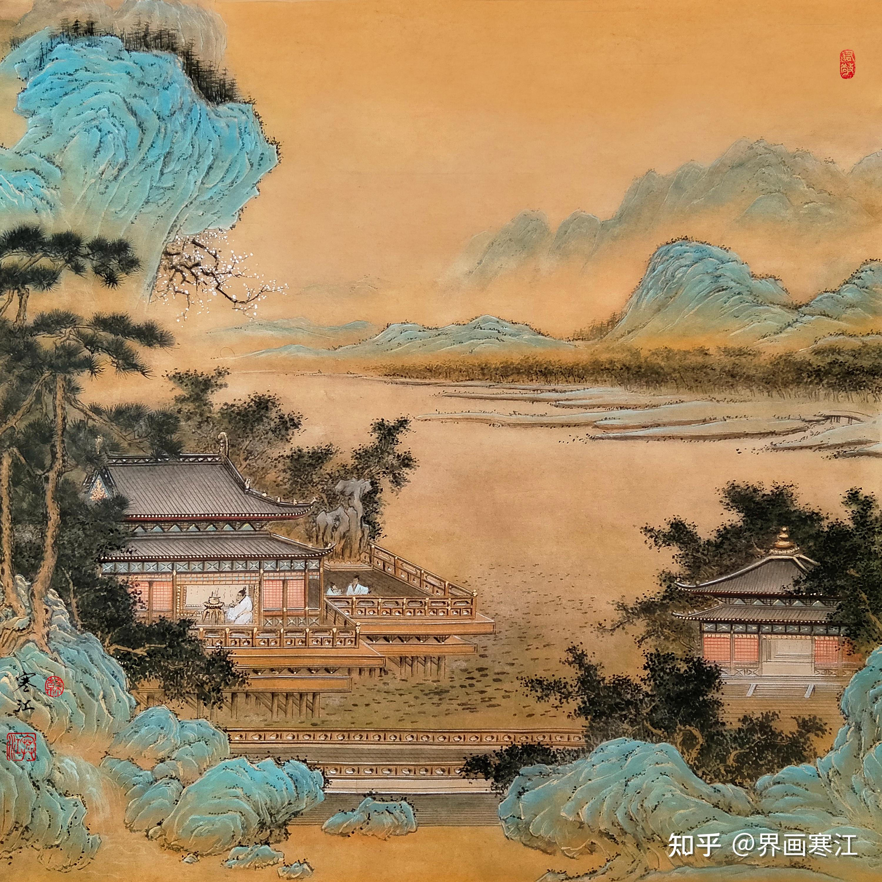 界画寒江---工笔仿古界画《水榭焚香》(仿元、明《金碧山水界画》第三版) - 知乎
