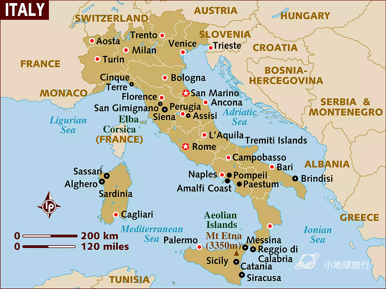 意大利分为20个不同的区域,包括地中海中的西西里岛和撒丁岛两个岛